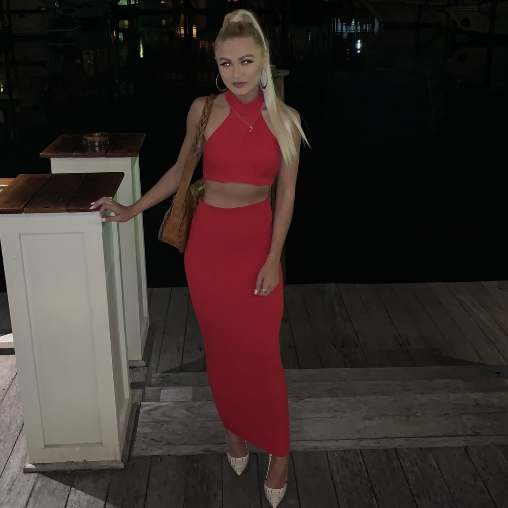 Red sweater like halter top skirt set The Boutique